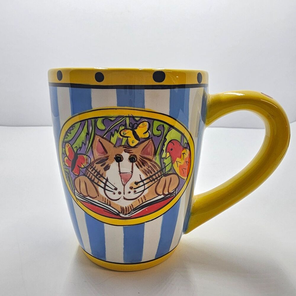 Vintage Catzilla Candace Reiter 2005 Cat Coffee Mug Striped Hand Painted Ceramic